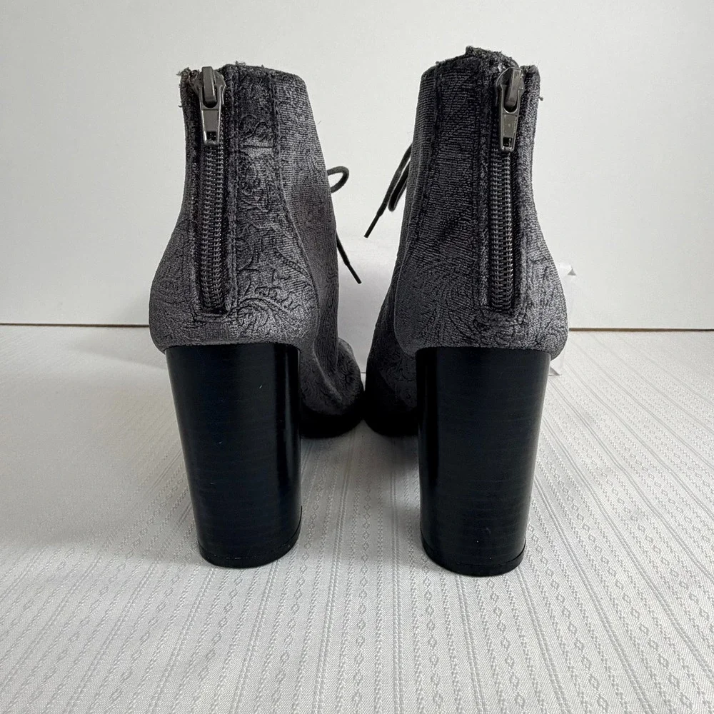 Report Women 8.5 Willamette Grey Embossed Velvet Peep Toe Lace Block Heel Boots